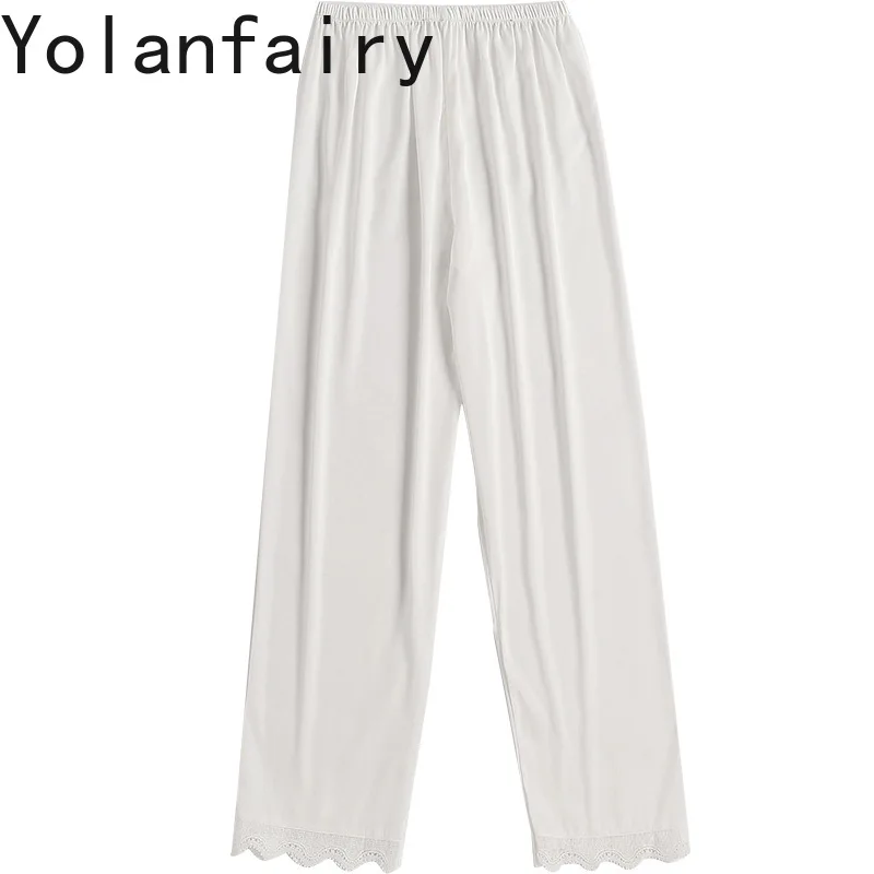 

YOLANFAIRY 95% Mulberry Silk 19momme Pants Woman Elegant High-waist Casual Pants Lace Splicing Women's Wide-leg Pants Trousers