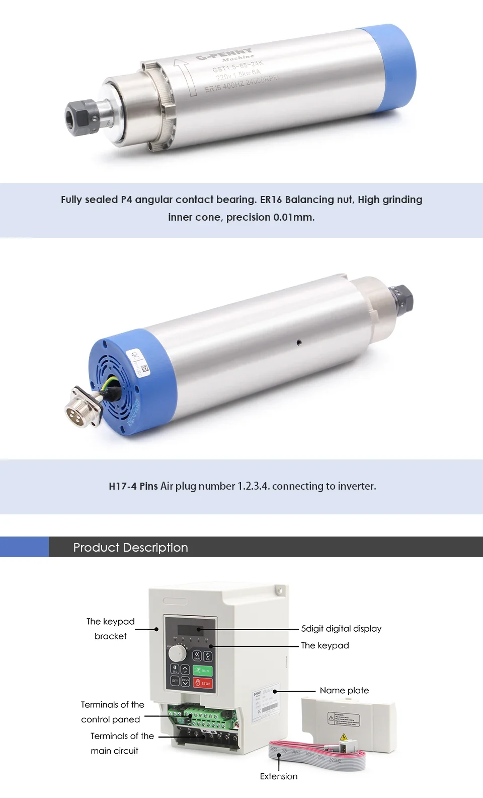 G-Penny 220V 1,5kW ER16 65mm luftgekühlter Spindelmotor für CNC-Holzbearbeitung und 1,5kW H100 Wechselrichter und 65mm Halterung – Detail 4