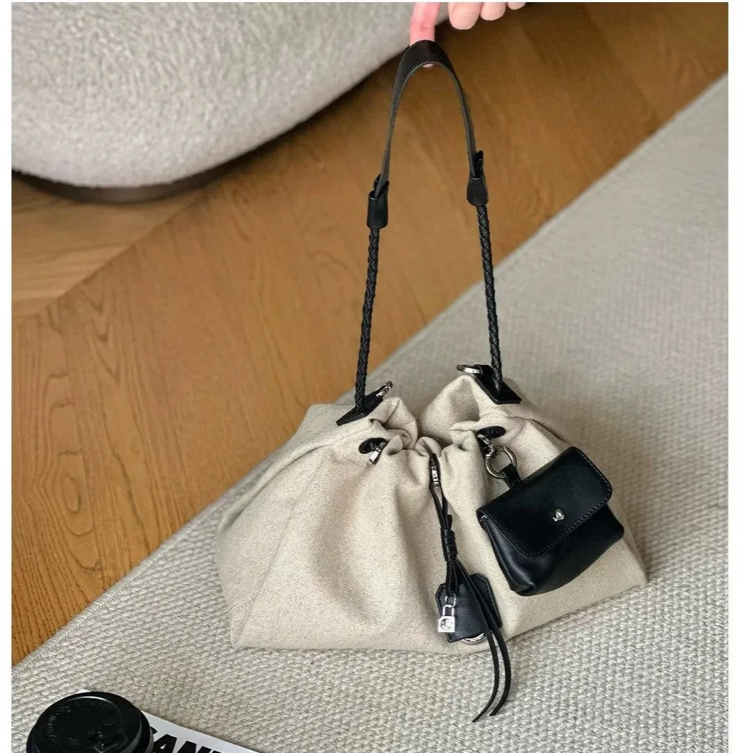 

Ruched Canvas Shoulder Bag NEW Fashion Drawstring Bucket Bags for Women Handbag 2 Bags Set Tote Half Moon Shopper Purses Female