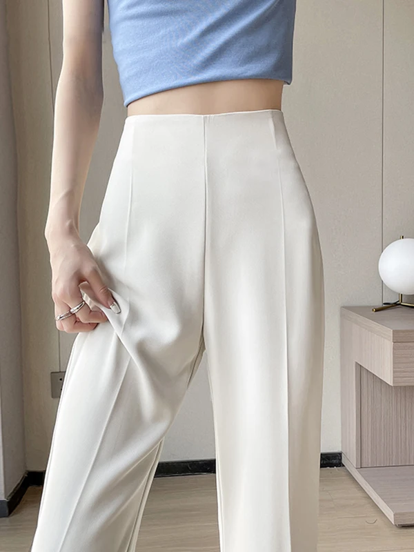 Pantaloni da abito micro svasati in seta bianca di ghiaccio da donna 2025 Nuova estate coreana Sle Pantaloni semplici a gamba dritta slim di piccole dimensioni