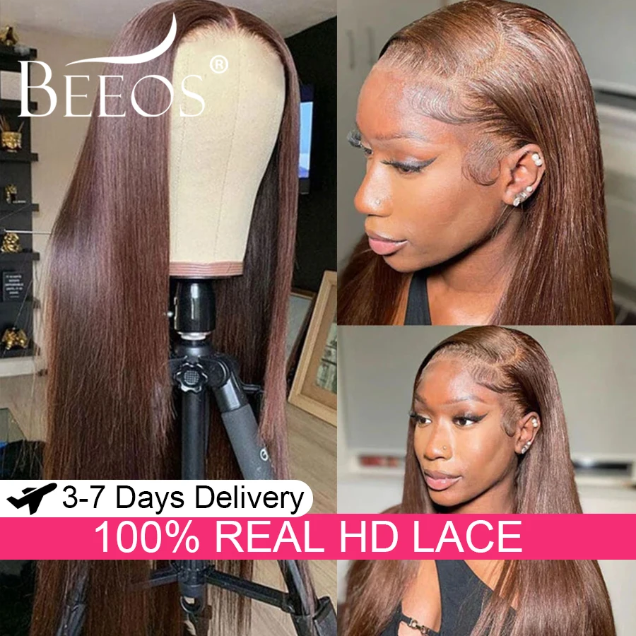 

Ультра облегающий 13x6 HD кружевной фронтальный парик из натуральных волос, прямые шоколадно-коричневые невидимые предварительно выщипанные цветные бразильские волосы Remy