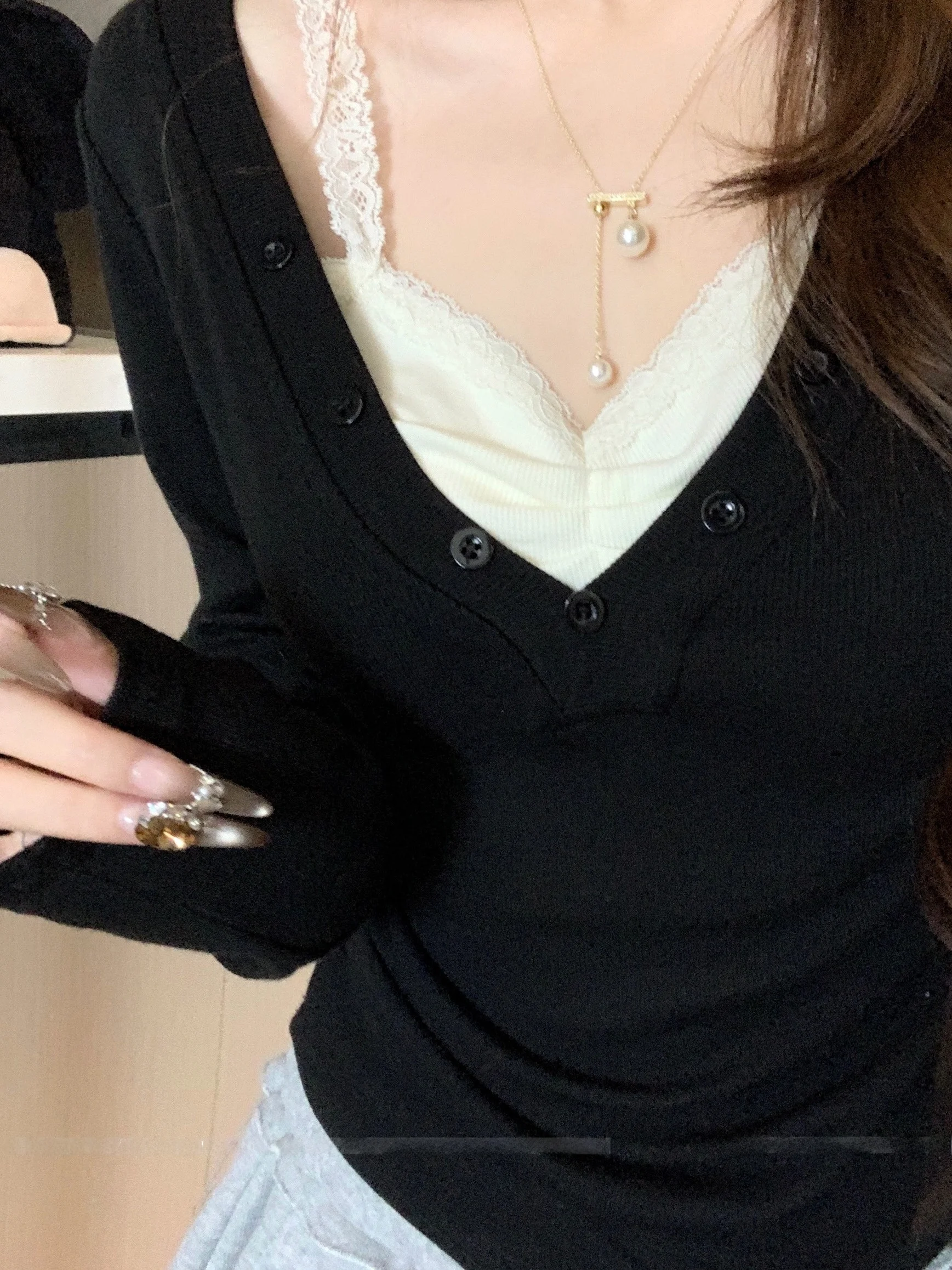 

plus Size Lace Splice Long Sleeve T-Shirt Pure Desire Style Slimming Fake Two-Piece Early Autumn New Arrival Commute Style Ko...