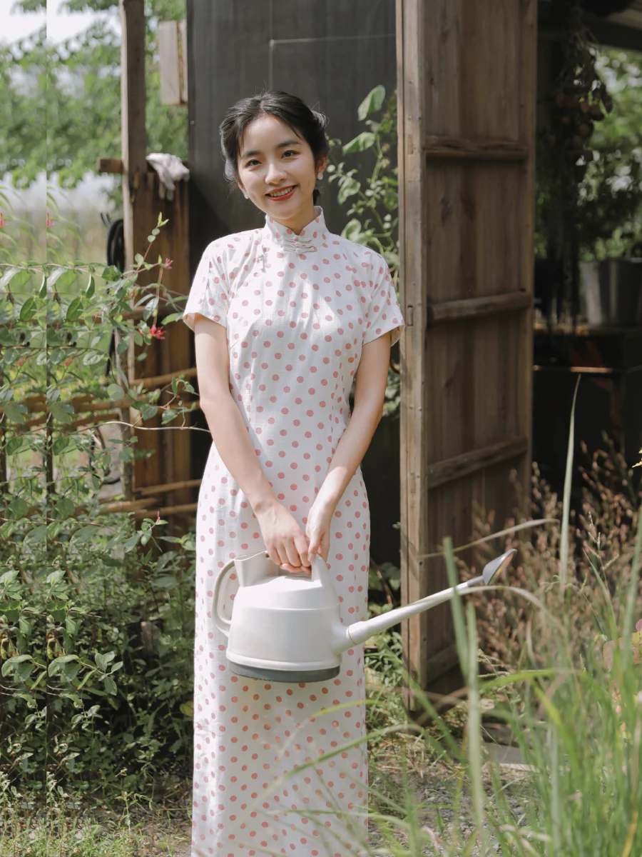 

Ретро-платье с коротким рукавом, длинной молнией, боковыми разрезами, из льна, с цветочным принтом, повседневное, с низким разрезом, от M Qipao