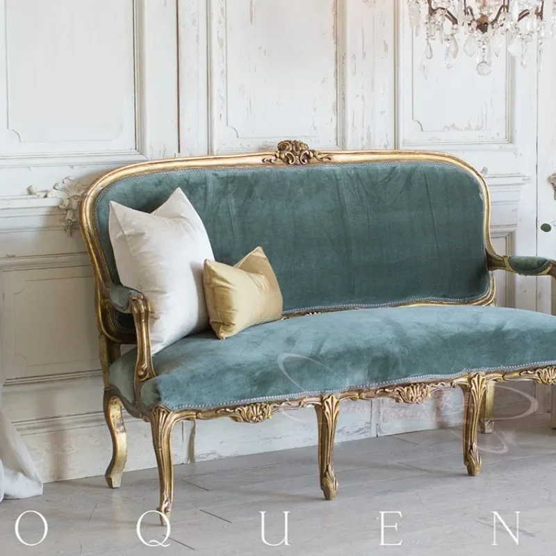 American retro old solid wood carving flower sofa/French fabric sofa/hotel studio photography single sofa