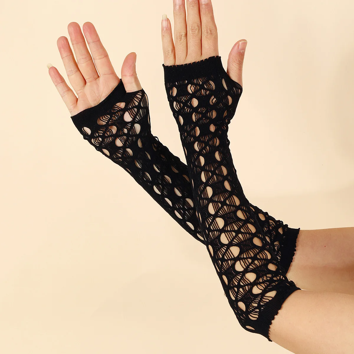 Creative Mid-Length Cross Hollow Hole Party Gloves Fashion Black Stretch Breathable Finger Gloves
