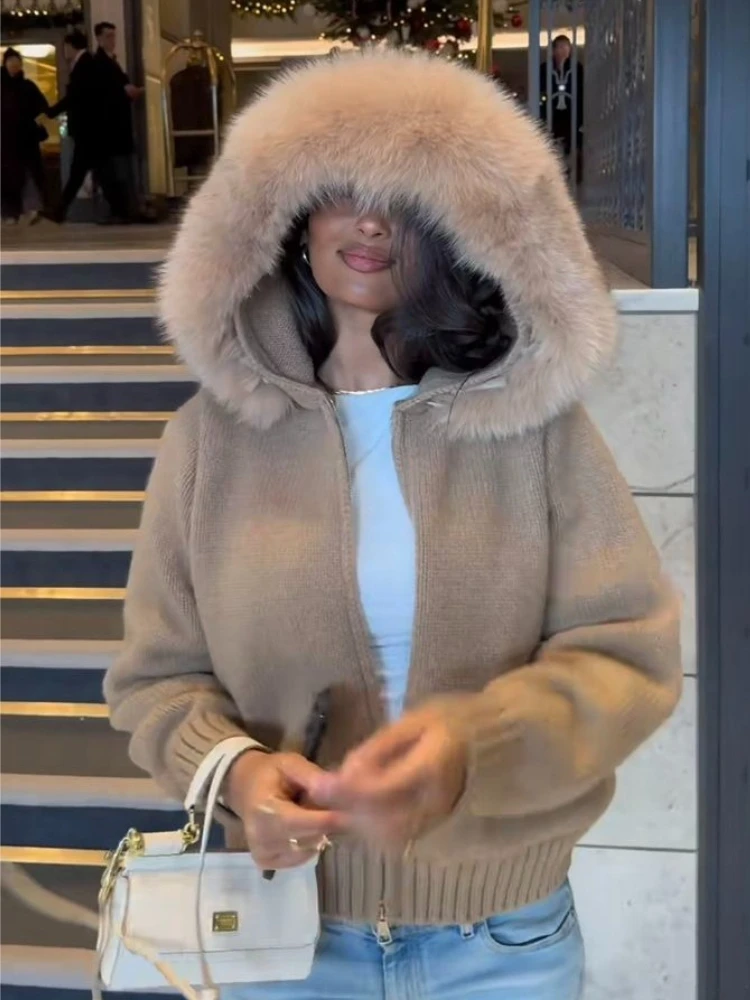 

Fluffy Zipper Patchwork Long Sleeve Ribbed Solid Knit Fur Coat Women's Cardigans Winter Female Sweater Hoodie Cardigan Jacket