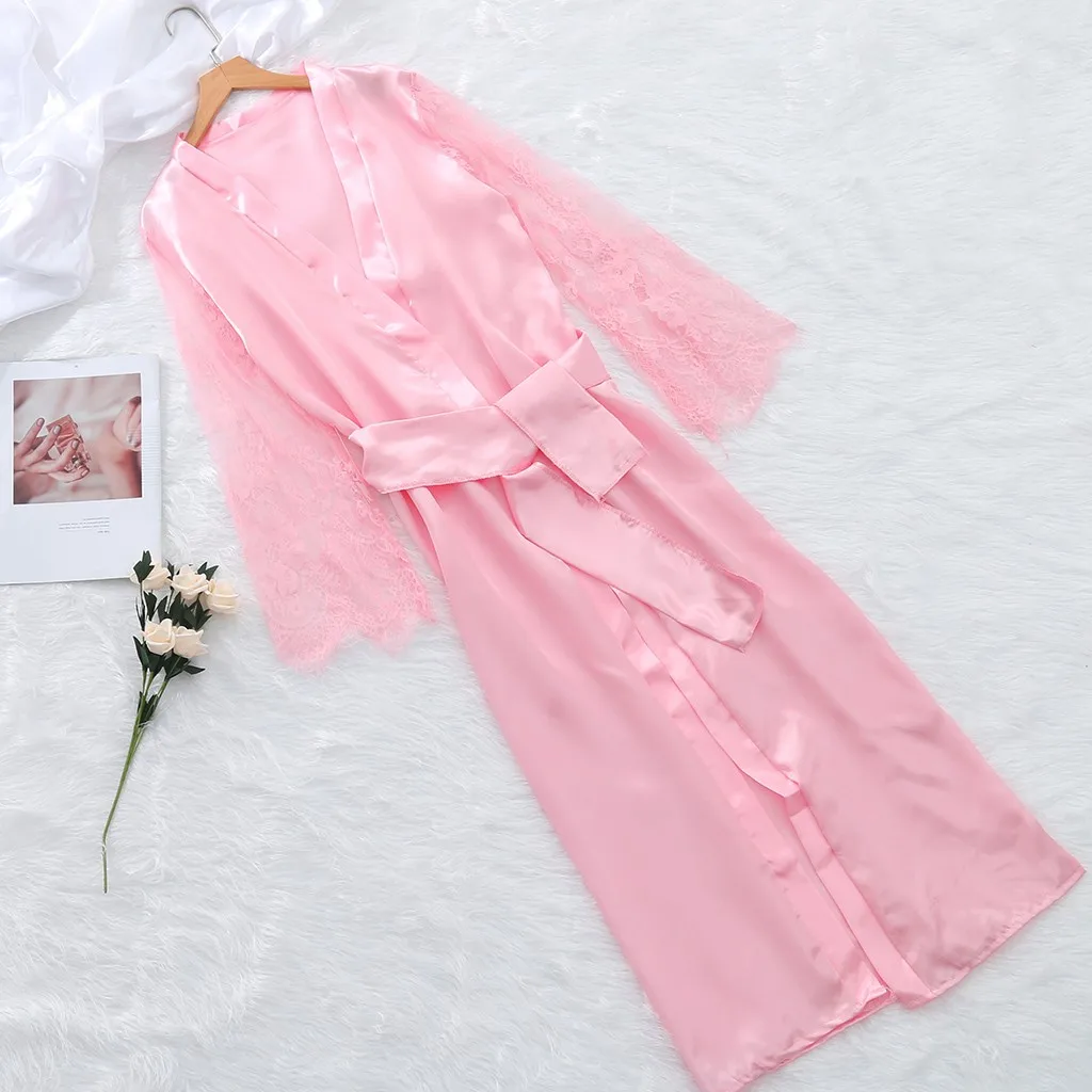 Long Sleeve Lingerie Women Silk Satin Nightgown Sexy Lace Robe Nightdress Sleepwear Autumn Winter Femme Nightwear Woman Bodydoll