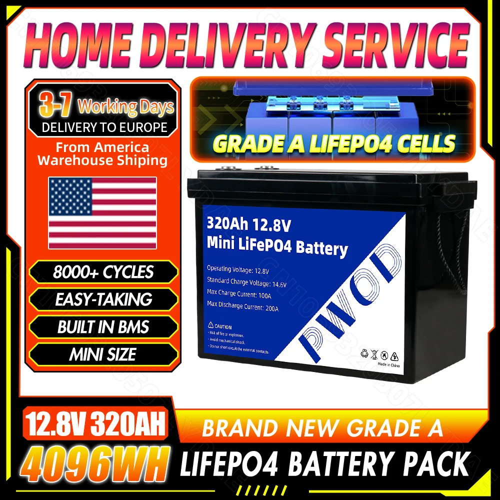

12 В 320 Ач Lifepo4 Batteria Перезаряжаемые литий-железо-фосфатные элементы 12,8 В 4096 Втч Встроенные батареи BMS 200 А для тележки для гольфа