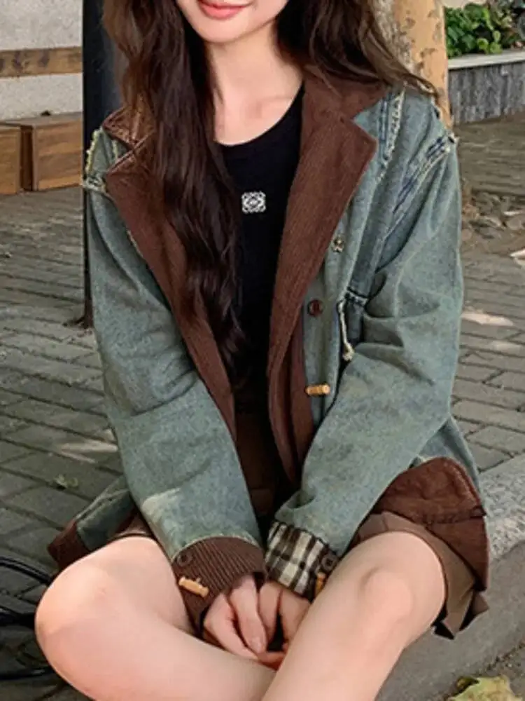 TLXT Moda Donna Elegante Giacca di jeans Velluto a coste marrone Risvolto Dettagli sfilacciati Giacca casual unica 2025 Autunno Nuovo XK1631