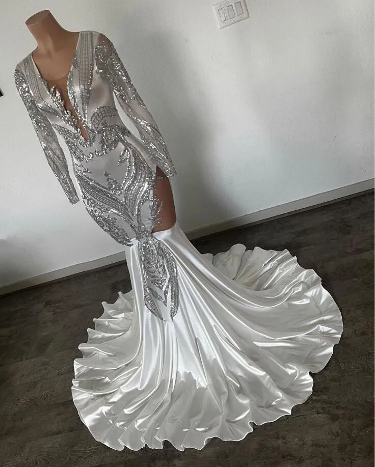 

Silver African Mermaid Prom Reception Dress for Women Sparkly Sequins Applique Long sleeve Evening Birthday Gown Black Girl