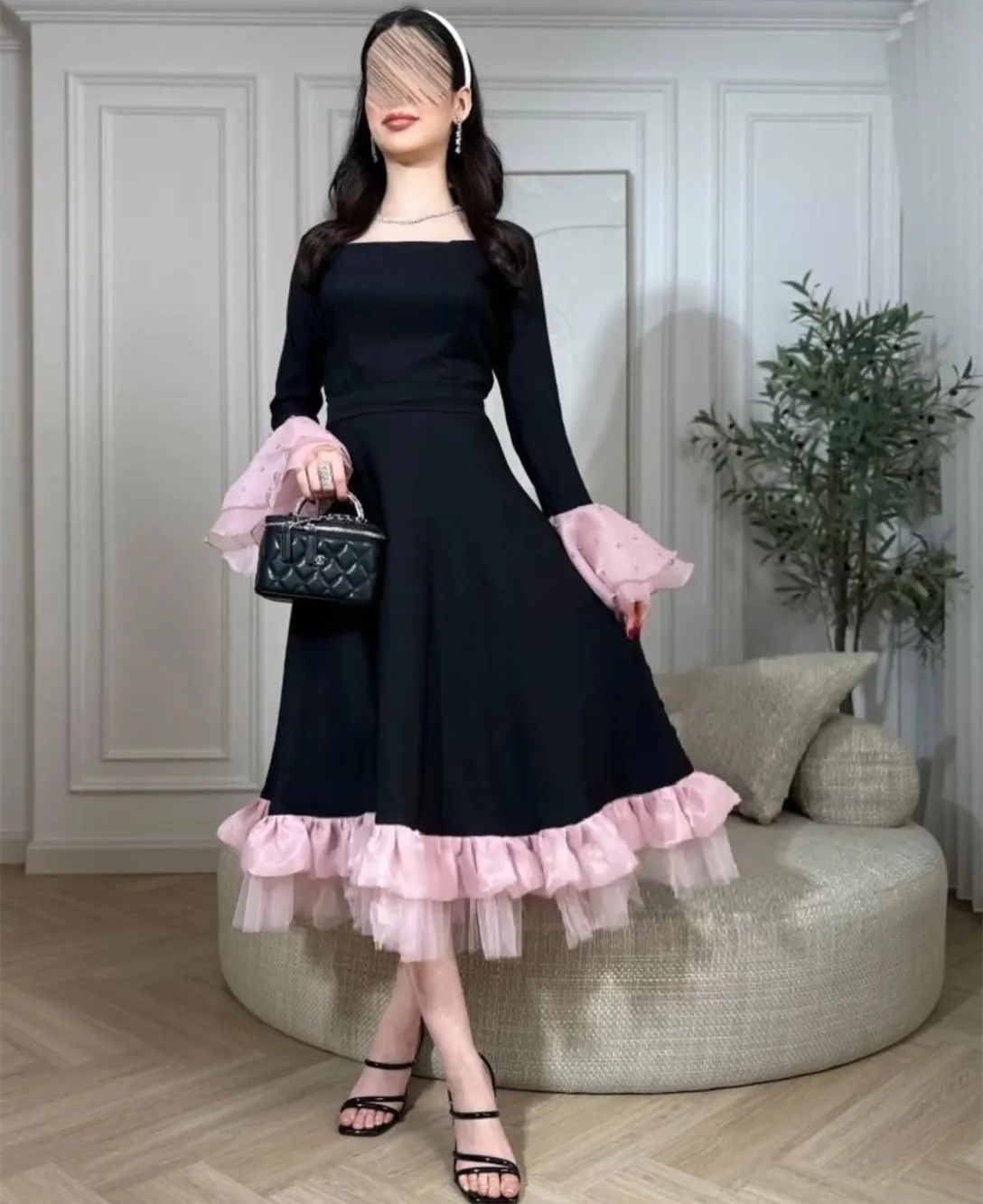 Op maat gemaakte korte crêpe avondjurken met ruches A-lijn crêpe vierkante hals geplooide theelengte bruiloftsgastjurk voor dames