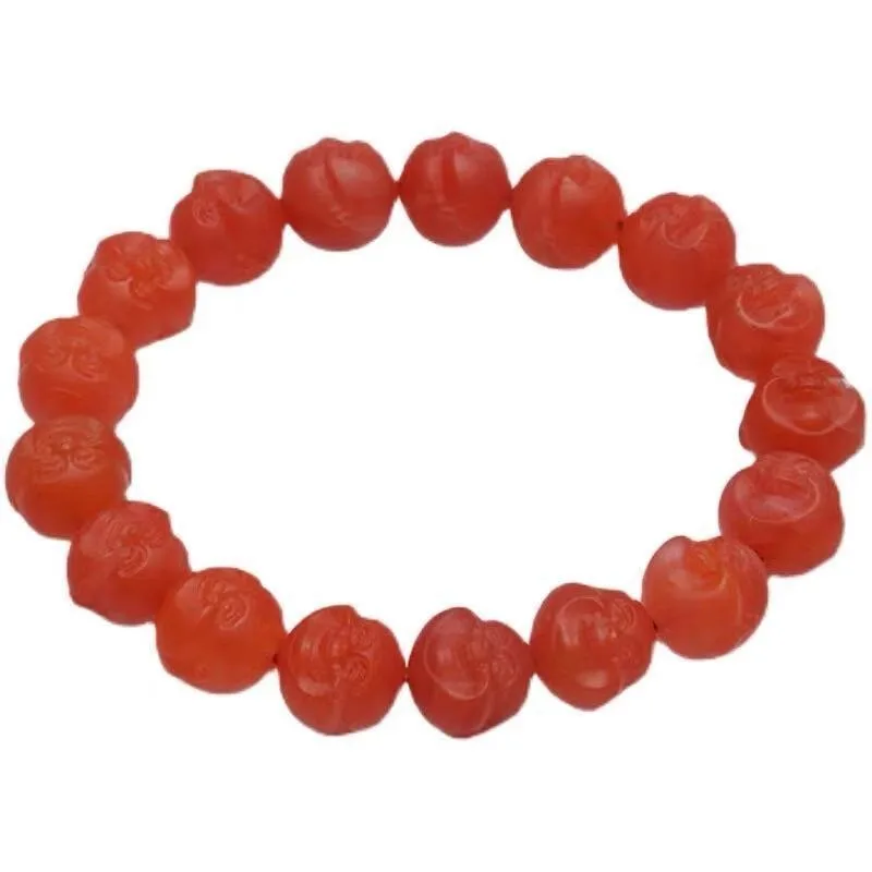 

Natural Fine Persimmon Red Agate Buddha Head Carving Bracelet Couple Unisex Beaded Handmade Adjustable Daily Wear Jewelry Gift