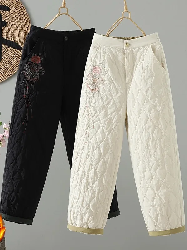 

High-End Korean Japanese Warm down Cotton Pants Large Size Heavy Embroidery Chinese Sle Heavyweight Thermal Cotton Trousers