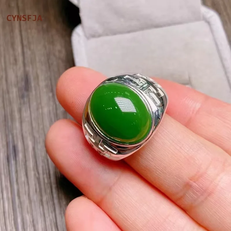

CYNSFJA новые настоящие сертифицированные натуральные нефритовые яшмы Hetian, серебро 925, мужские кольца с зеленым нефритом на удачу, регулируемые подарки высокого качества