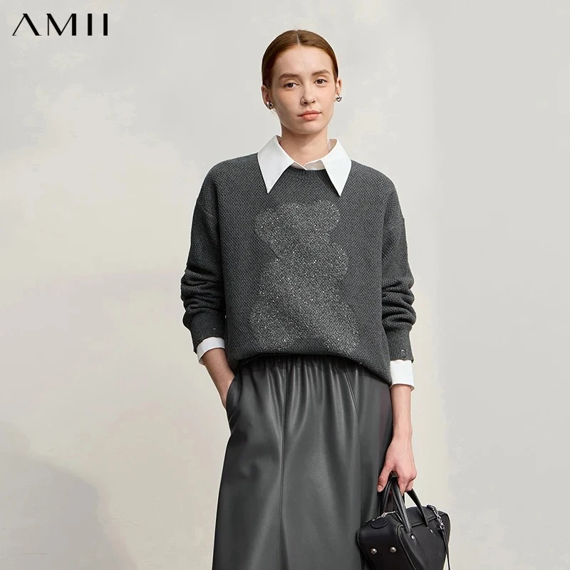 Amii Sweater 2026 Winter New Casual Hollow Out Jacquard Crew Neck Women's Sweater Loose Versatile Long Sleeve Knit Top 12544117