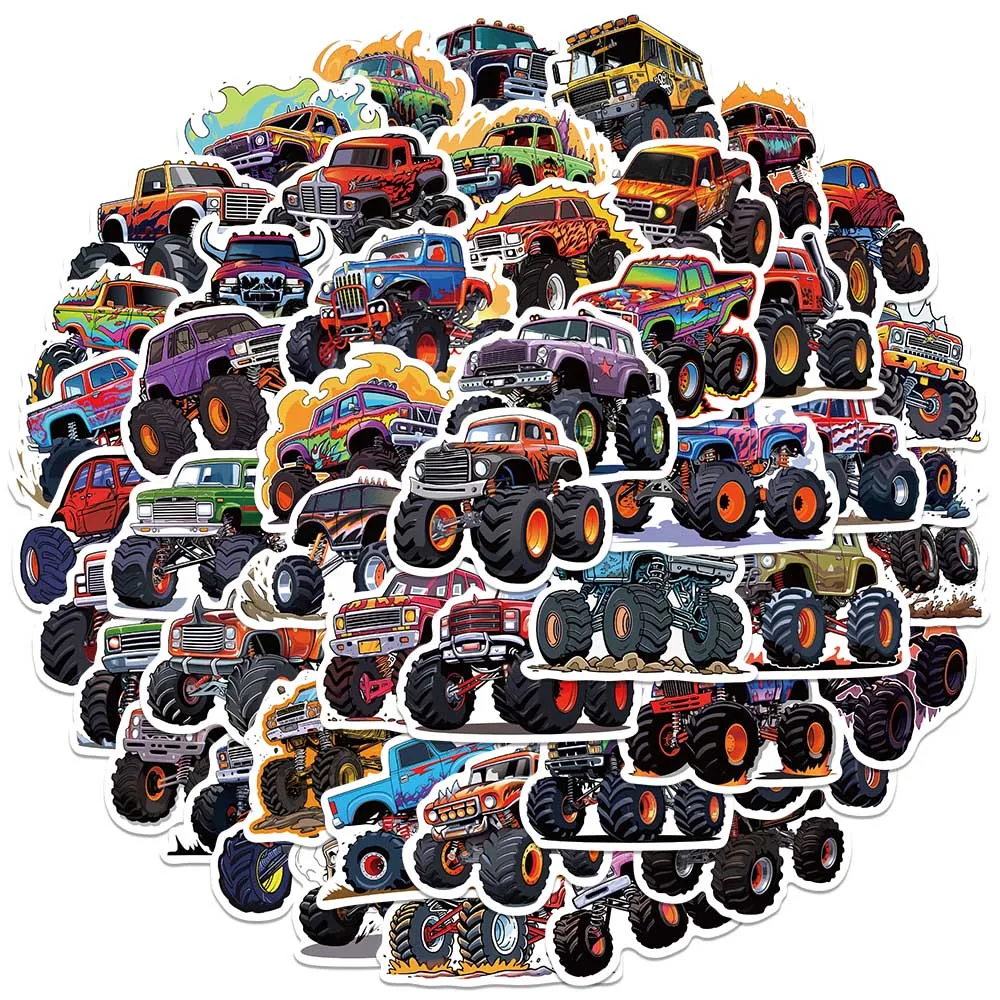 50pcs Cute Vinyl Decals Cartoon Monster Truck Stickers For Luggage Laptop Water Bottle Guitar Phone Waterproof Graffiti