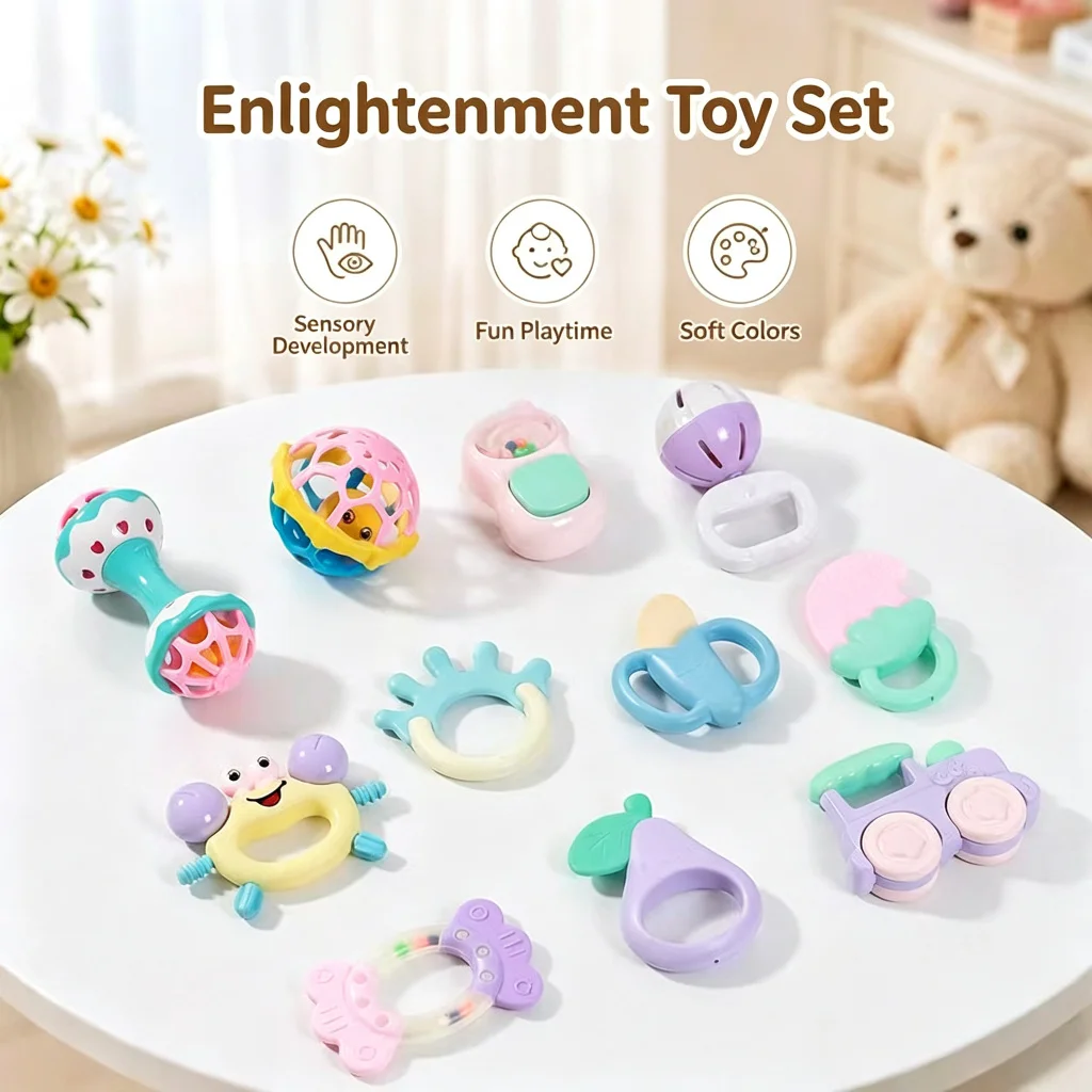 16pcs Box Baby Rattles Baby Teether Toys Set Newborn Early Educational Sensory Play STEM Boy Girls Gift for Infant Chewable Gift