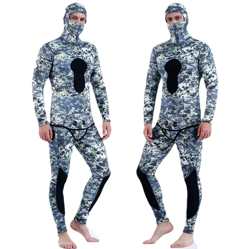 3mm Neoprene Wetsuit Men's Hooded Camouflage Diving Suit Snorkeling Spearfishing 2 Pieces Set Wetsuit Winter Thermal Swimsuit