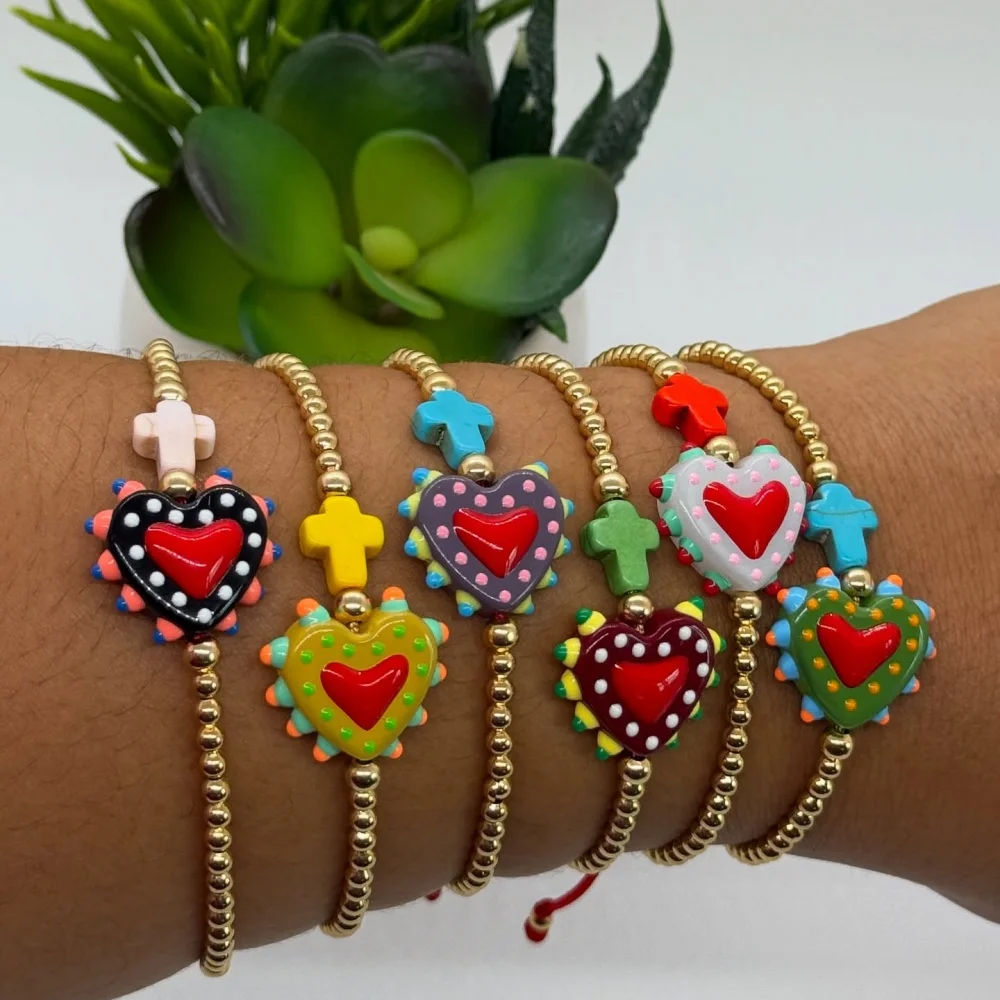

1 PC New Cute Living Wave Metal Copper Bead Dotted Peach Heart Cross Bracelet for Women Daily Vacation Wear