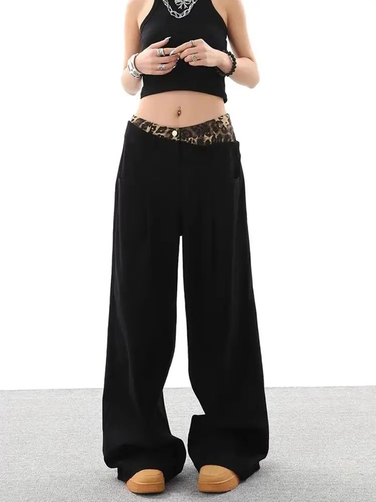 Pantalones vaqueros negros con parches y estampado de leopardo para mujer, pantalones vaqueros de pierna ancha con doble cintura Retro americana, ropa de calle informal holgada a la moda
