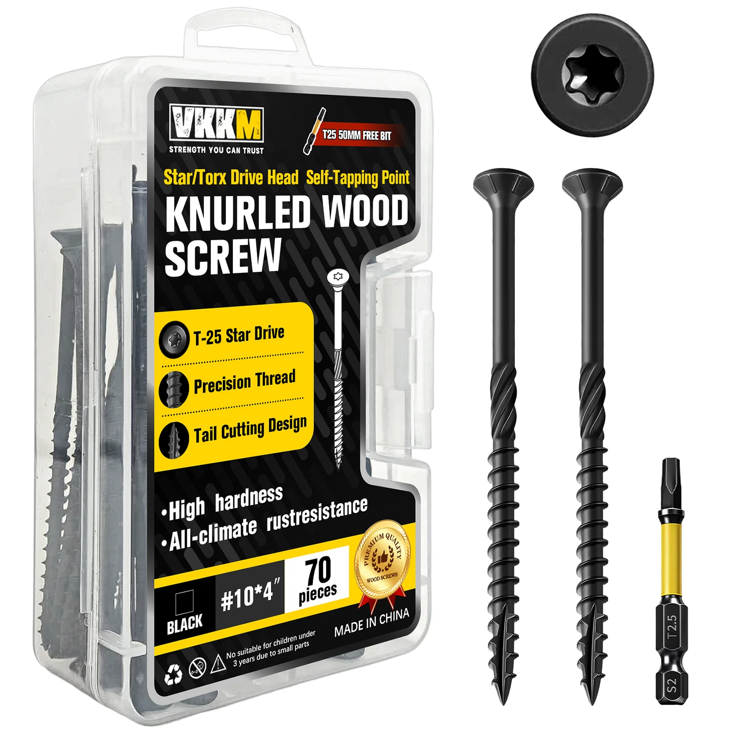 70Pcs VKKM Torx Wood Screws #10 X 4', Black Countersunk Knurled Self-Tapping Screws with T25 Drive Bit for Indoor Woodworking, C