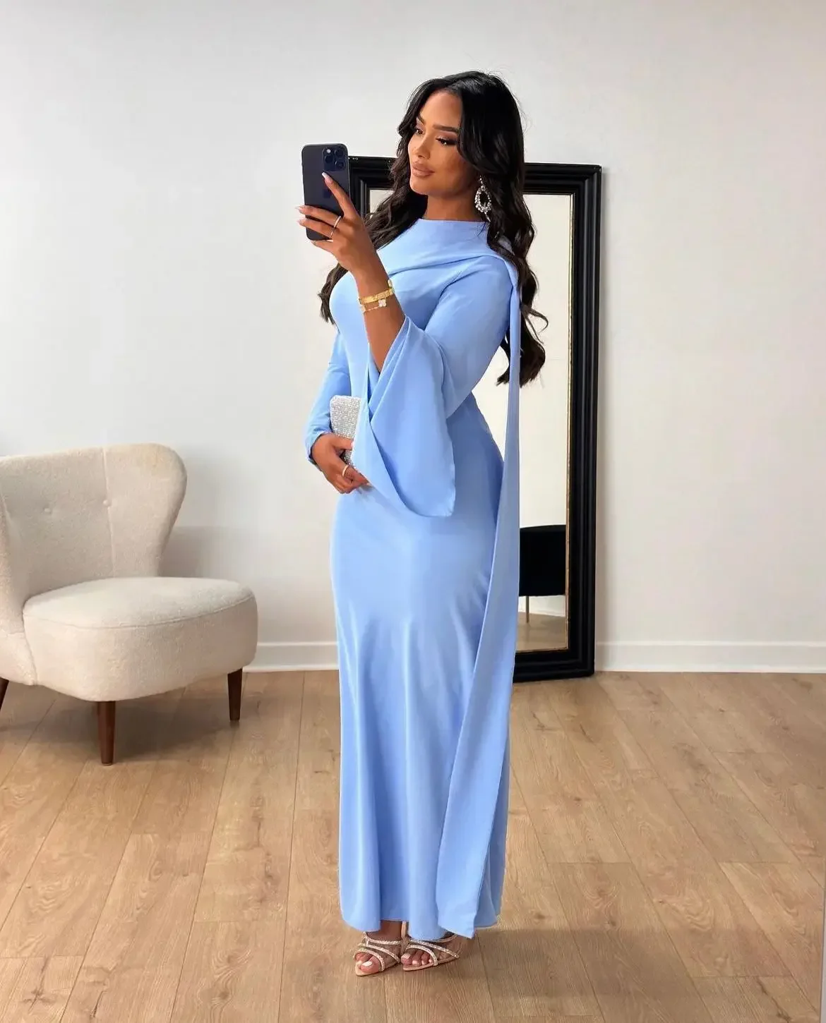 Spring Summer Fashion Solid Fishtail Dress Muslim Women Elegant Ribbon Flare Sleeves Slim Long Dress Women