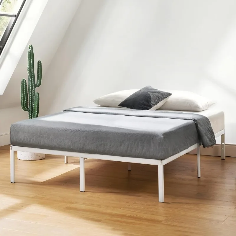

14 Inch Metal Platform Bed Frame, Heavy Duty Steel Slats, White, Full