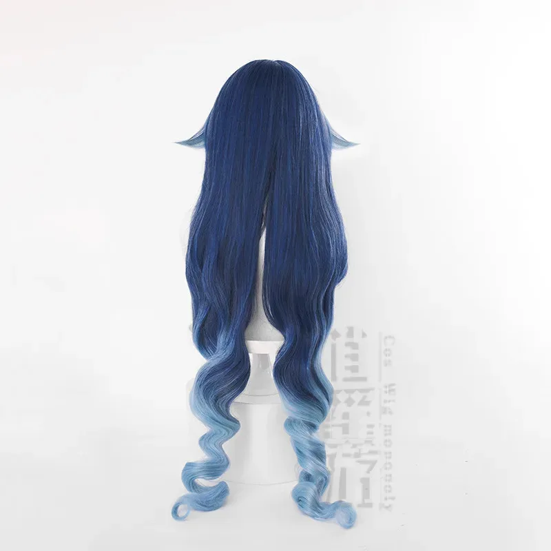 Peluca de Anime Layla Cos mezclada con degradado azul, pelo largo y rizado, coletas dobles, pelo sintético resistente al calor, pelucas de Cosplay + gorro de peluca