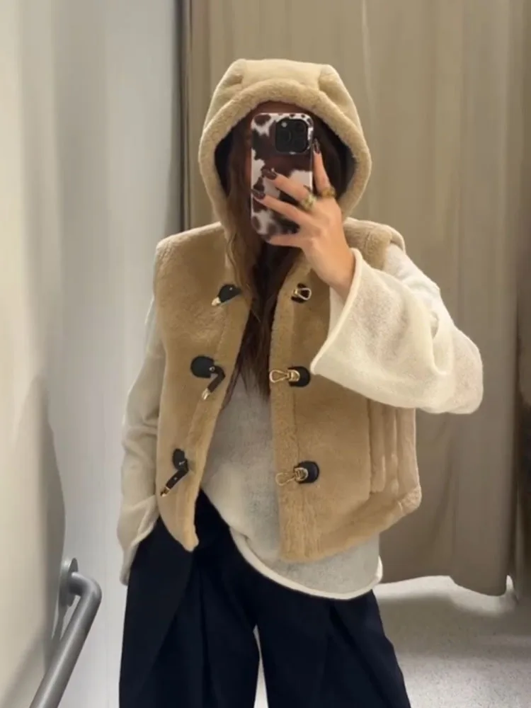 HH Women's Autumn New Fashion Short Coats Solid Hooded Sleeveless Single Breasted Vest Female Chic Casual Waistcoats Trendy