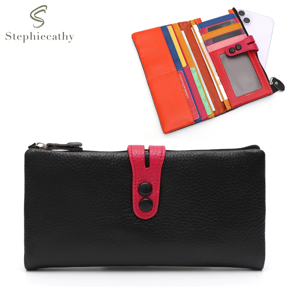 

SC Brand Design Women Luxury Real Cowhide Bifold Long Wallet Colorful Leather Multi Cardholder Coin Purse Portable Fits Phone