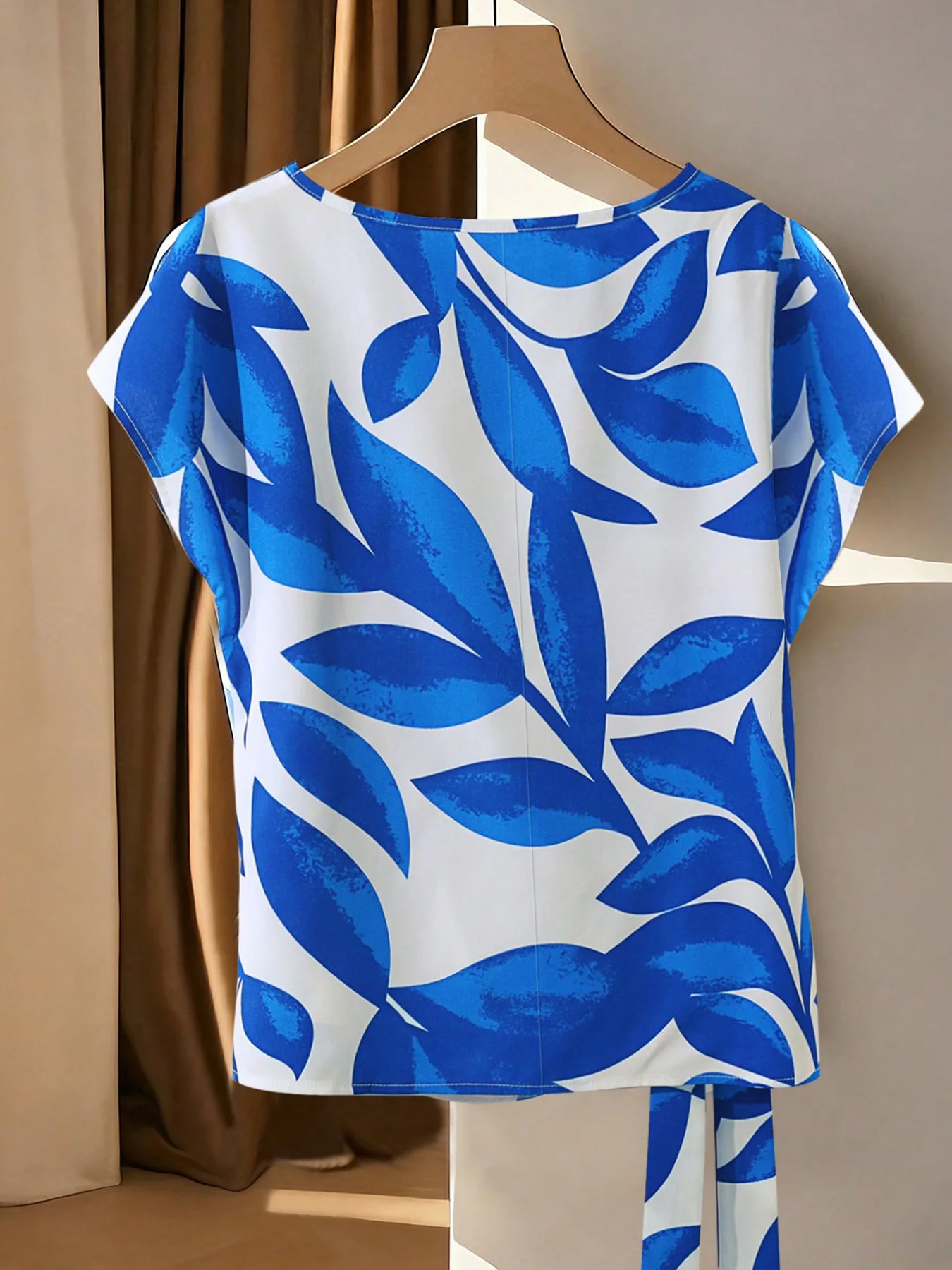 Women Leaf Print Short Sleeve Blouse Crew Neck Side Tie Knot Waist Loose Batwing Sleeve Summer Casual T Shirt Multi Colors