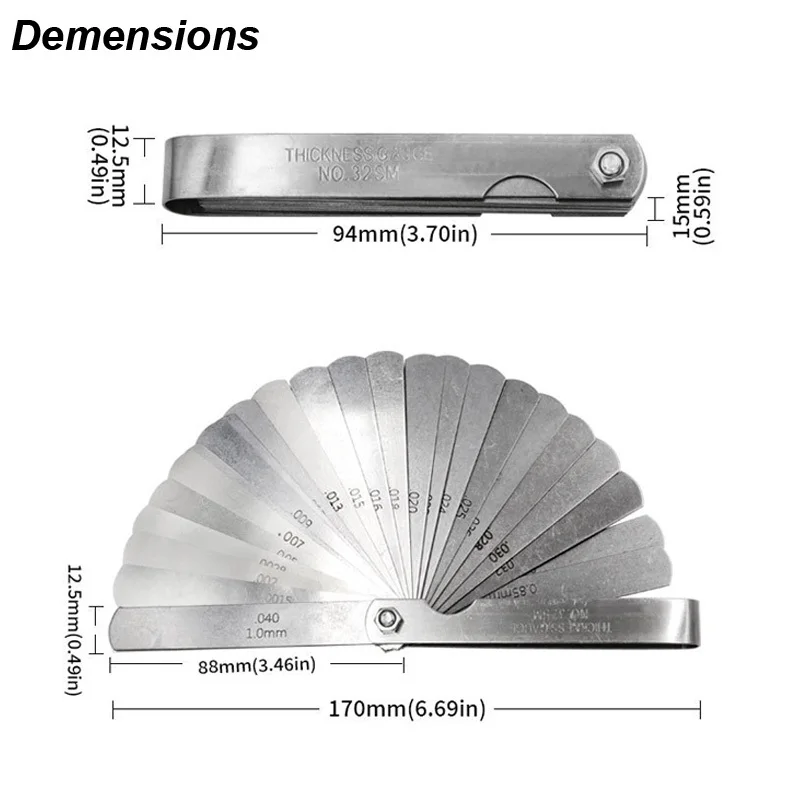 Thickness Feeler Guage 32 Blades Set Metric MM Imperial INCH Straight Gap Measure Tool Valve Calibrator Probe Motorcycle Mold