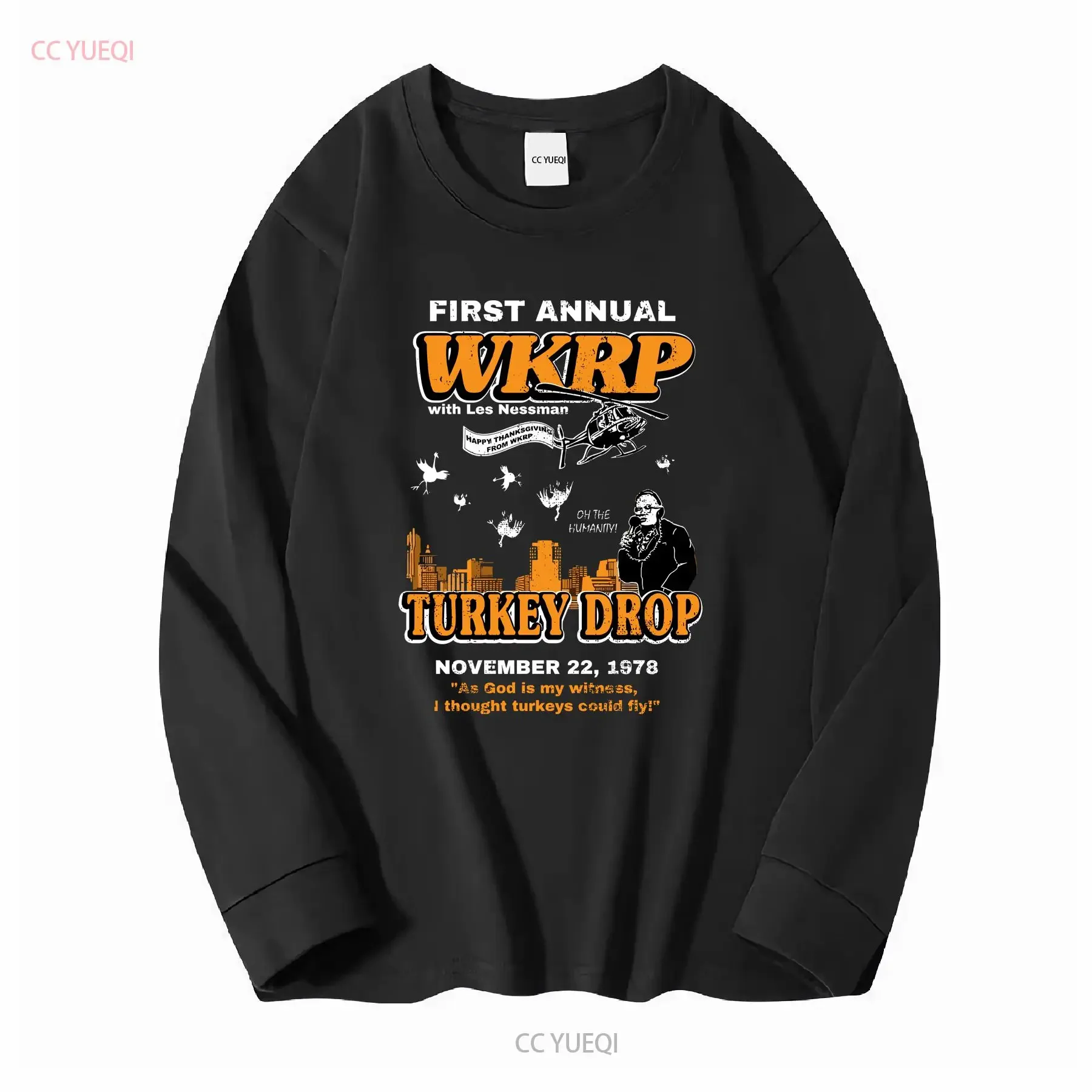 WKRP Turkey Drop T Shirt Thanksgiving Crewneck Funny Retro In Cincinnati 70's Tv Show long or short sleeves vintage Washed
