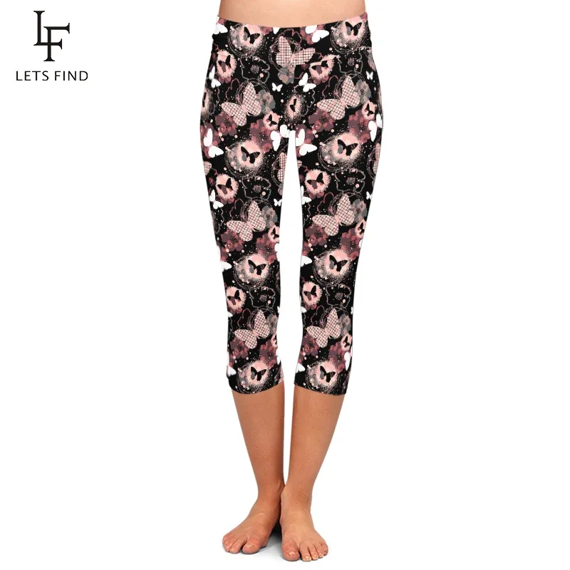 LETSFIND-Leggings con estampado 3D de margaritas y mariposas para mujer, pantalones de media pantorrilla, elásticos, suaves, para Fitness, 3/4