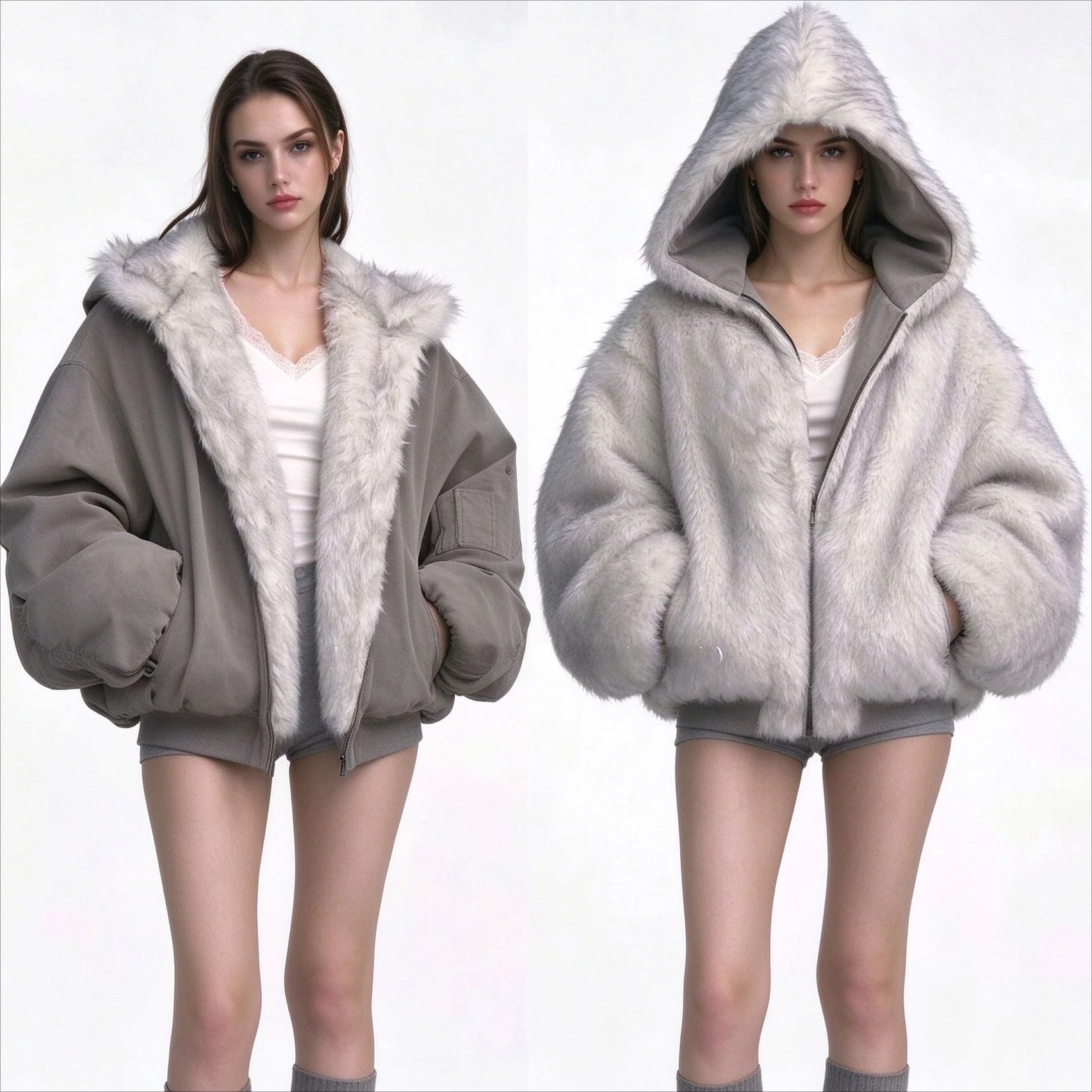 Double Sided Faux Fur Jacket Unisex Women Men Y2K Winter Warm Plush Hooded Oversized Loose Coat Outerwear Khaki Grey
