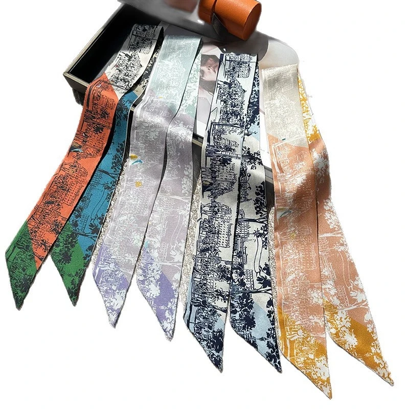 

86*5CM 2026 New Design 100% Mulberry Silk Scarf Women Elegant Double Sided Printed Hair Tie Skinny Bag Scarves Neckerchief