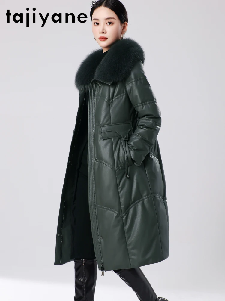 TAJIYANE 100% أعلى الحبوب جلد الغنم أسفل معطف امرأة جلد طبيعي طويل سترة منفوخة مع الثعلب الفراء طوق 2025 الملابس الشتوية