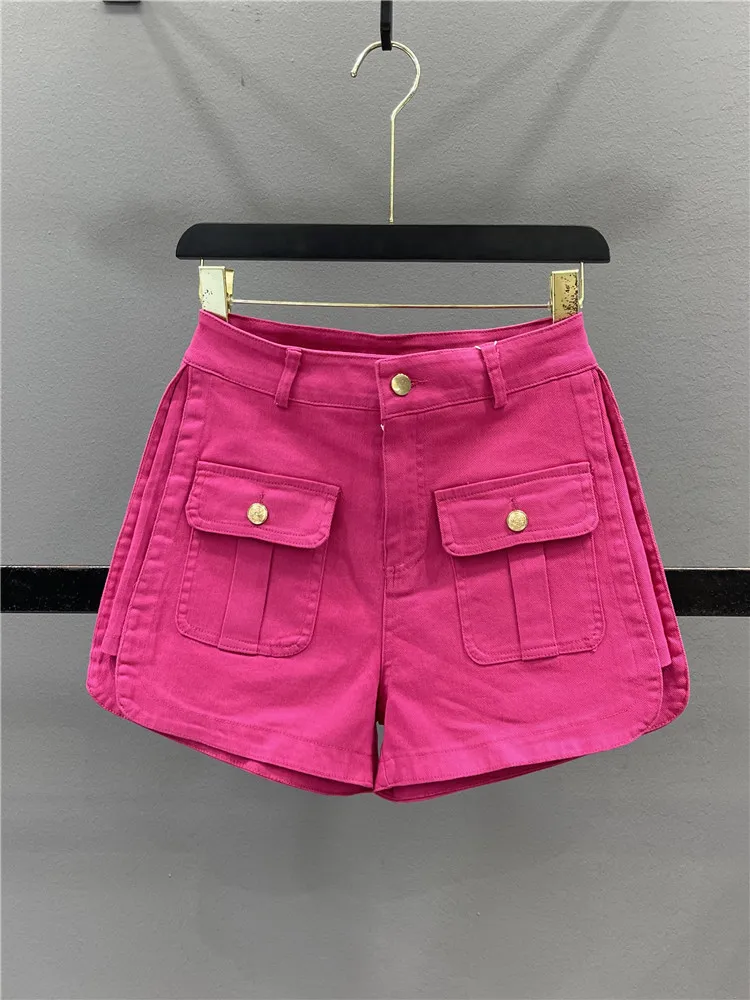 Colored Cargo Shorts Women Pockets Street A Line Denim Shorts Casual Wide Leg High Waist Hot Pants 2024 Summer New