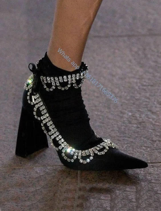 Fashion Dress Rhinestone Decor Pointed Toe Booties Women Luxury Chunky High Heel Fringe Suede Boots Mid-calf Blingbling Shoes