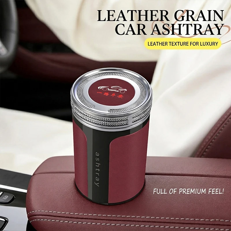 Car Ashtray with Leather Surface and Ceramic Inner Liner, Luxury Sealed Design to Prevent Odor and Ash Dispersion