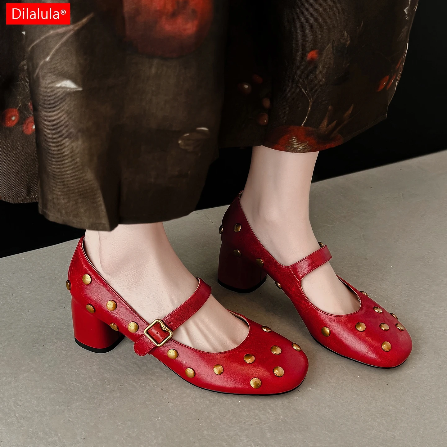 

Dilalula 2026 New Natural Cow Leather women's Mary Janes Shoes Young Lady High Heels Rivets Party Dating Pumps Female Footwear
