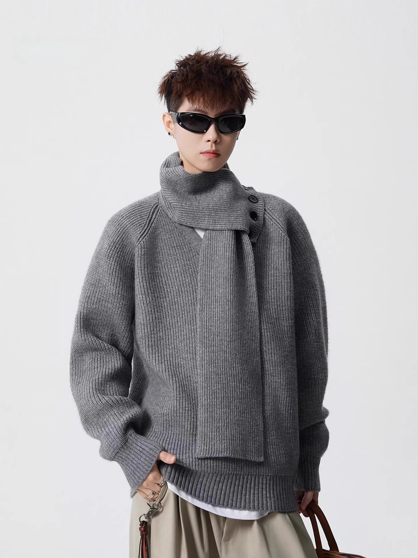 

Мужской вязаный свитер с отстегивающимся шарфом и высоким воротником, осенне-зимний, повседневный, свободный, с V-образным вырезом, в стиле ретро, американский стиль