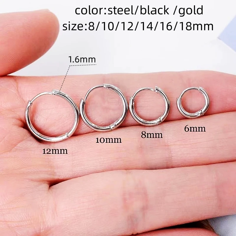 Titanium 1.6mm Round Hoop Earrings Black Steel Gold Color 316l Stainless Steel Earring IP Plating No Fade Allergy Free