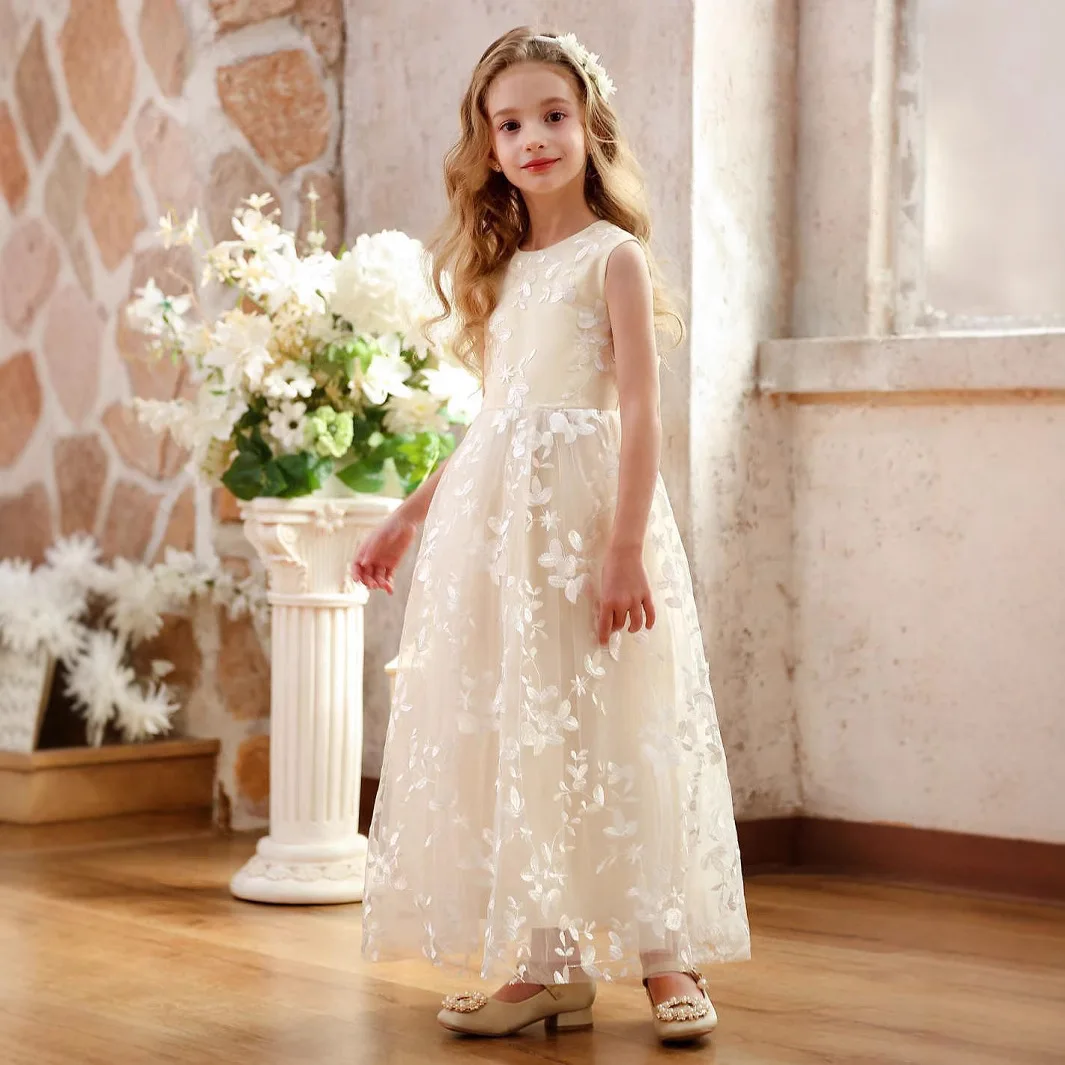 Champagne o pescoço sem mangas rendas vestidos da menina de flor menina longo vestido de dama de honra para o casamento vestido de baile grande arco vestido de chica