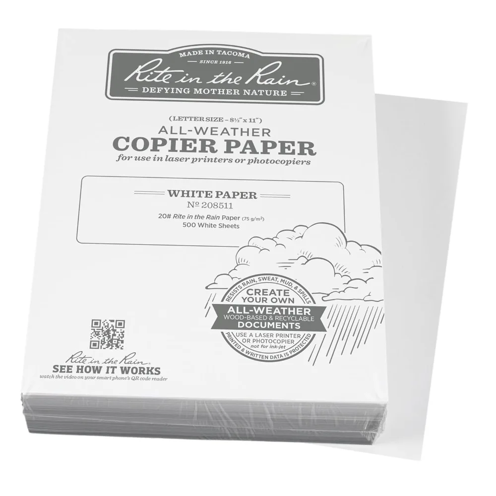 Papel de copia a granel Rite in the Rain resistente a la intemperie, 8,5 x 11, 20 #   Blanco, 500 hojas (No. 208511X)