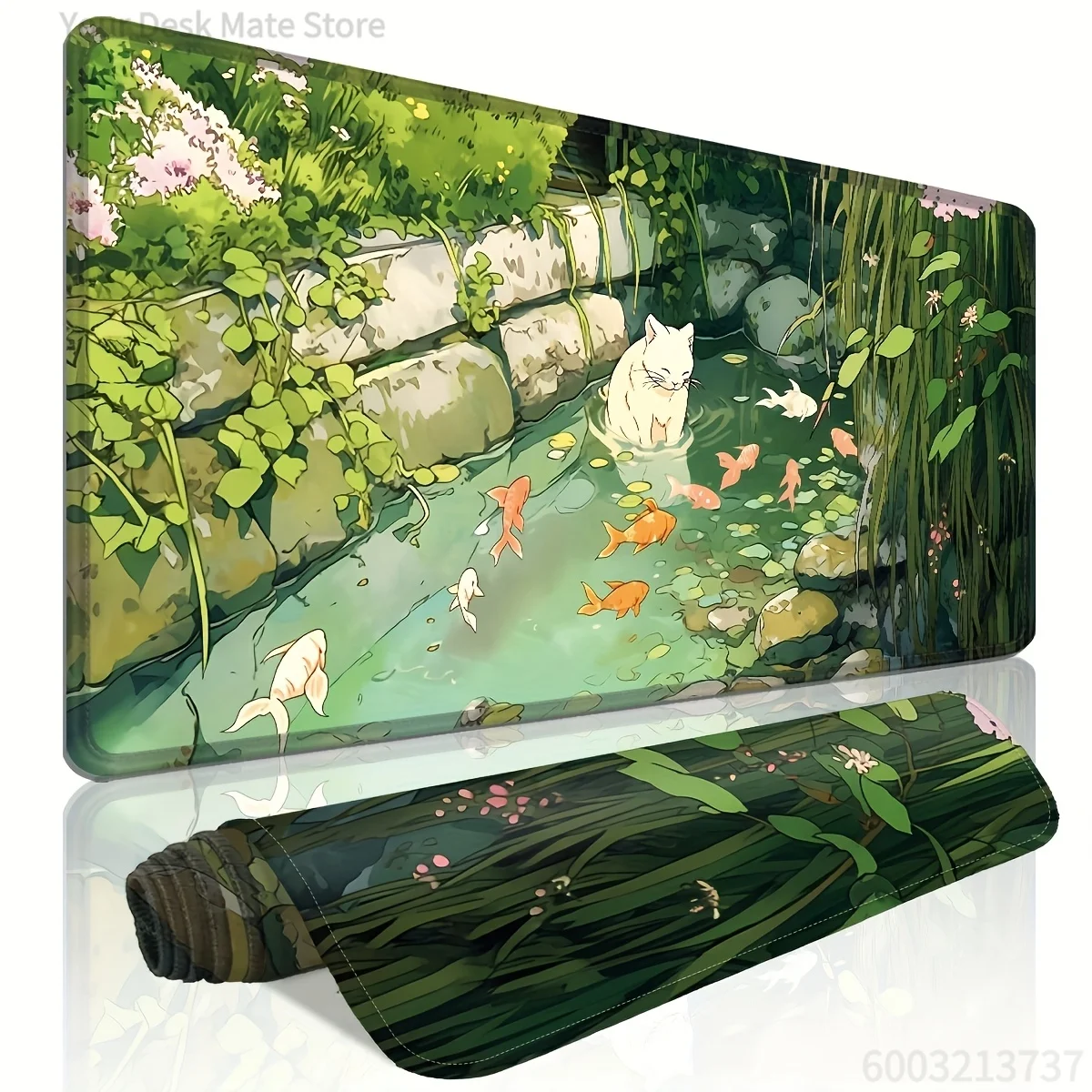 Sage Daisy & Koi Pond Mouse Pad – Extended Desk Mat with Watercolor Leaves, Zen Ink Mountain & Cat Fishing Art for Laptop Office