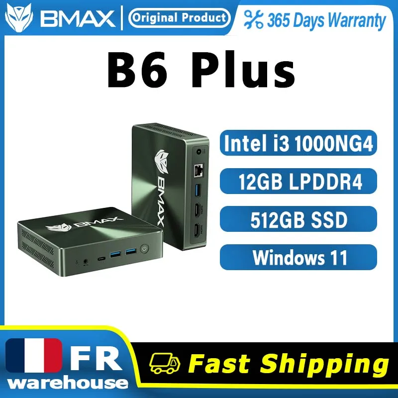 BMAX B6 Plus Mini-PC, Intel I3 1000NG4, 12 GB RAM, 512 GB SSD, Windows 11, WLAN, USB, HDMI, Bluetooth 4.2, Intel Iris Plus Grafikkarte.