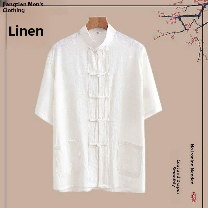 

Мужская молодежная винтажная рубашка из хлопка и льна с коротким рукавом и воротником на пуговицах, в стиле буддийской одежды для мирян, осенняя коллекция