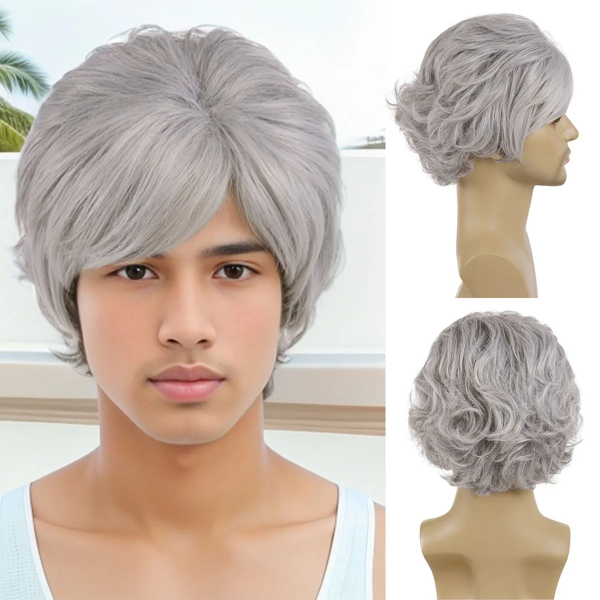 Premium Synthetic Wig with Bangs Short Curly Silver Grey Wigs for Men Hair Blanche Wig for Elder Male Cosplay Halloween Pap Wigs