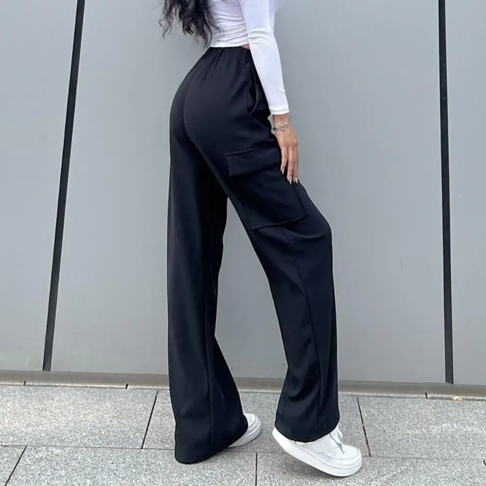 

Women Pocketed Pants Elastic Waist Women's Pants Stylish Straight Leg Trousers with Multi Pockets for Vacation or Work